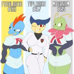  absurd_res anthro blue_body blue_fur blue_skin bottomwear clothing cosplay female feraligatr flamberry_(artist) flower fur generation_2_pokemon group hi_res looking_at_viewer meganium nintendo one_eye_closed plant pokemon pokemon_(species) red_eyes scalie skirt smile smiling_at_viewer suit team_rocket text trio typhlosion white_clothing white_suit wink yellow_body yellow_eyes yellow_fur 