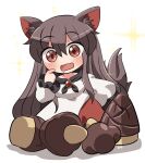  1girl animal_ears blush brown_hair dress drooling highres imaizumi_kagerou kinoko_no_yama long_hair open_mouth red_dress red_eyes rokugou_daisuke signature simple_background solo tail takenoko_no_sato_(food) touhou white_background white_dress wolf_ears wolf_tail 