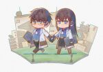  1boy 1girl black_gloves black_pants black_skirt blue_eyes blue_shirt blush brown_hair chibi collared_shirt dual_persona earpiece female_professor_(girls&#039;_frontline_nc) full_body girls&#039;_frontline girls&#039;_frontline_neural_cloud glasses gloves holding holding_hands id_card labcoat lanyard long_hair male_professor_(girls&#039;_frontline_nc) pants pantyhose professor_(girls&#039;_frontline_nc) shirt shirt_tucked_in short_hair skirt smile v-shaped_eyebrows walking zeldin 