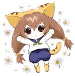  1girl animal_ears auksechan brown_eyes brown_hair cat_ears cat_tail chibi di_gi_charat flower highres looking_at_viewer open_mouth puchiko school_uniform smile solo tail twintails 