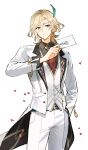  1boy belt black_shirt blonde_hair blue_belt buttons closed_mouth collared_jacket collared_shirt earrings feather_hair_ornament feathers formal genshin_impact gold_trim hair_between_eyes hair_ornament hand_in_pocket hand_up highres holding holding_letter ichigawa_(lethe) jacket jewelry kaveh_(genshin_impact) letter long_sleeves looking_at_viewer male_focus medium_hair necktie official_alternate_costume open_clothes open_jacket pants petals red_eyes red_necktie shirt simple_background solo standing suit tassel vest white_background white_jacket white_pants white_vest 