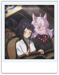  2girls ahoge animal_ears biwa_hayahide_(umamusume) black_hair blush closed_mouth commentary_request ears_down grey_hair horse_ears horse_girl kuzumochi_(kuzumochiya) long_hair multiple_girls narita_brian_(umamusume) official_alternate_costume one_eye_closed outdoors photo_(medium) polka_dot_neckerchief ponytail roller_coaster seatbelt twitter_username umamusume upper_body v-shaped_eyebrows yellow_eyes 