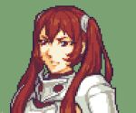  1girl armor breastplate commentary fire_emblem fire_emblem_awakening glaceo green_background long_hair lowres pauldrons pixel_art red_eyes red_hair severa_(fire_emblem) shoulder_armor simple_background solo twintails upper_body 