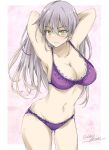  1girl arms_behind_head bra breasts cleavage gakky gangut_(kancolle) grey_hair highres kantai_collection long_hair one-hour_drawing_challenge panties purple_bra purple_panties scar scar_on_cheek scar_on_face solo standing underwear underwear_only yellow_eyes 