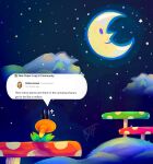  artist_name black_eyes closed_mouth cloud crescent_moon dtee english_text flower from_behind happy highres mario_(series) miiverse moon mushroom night no_humans orange_flower outdoors purple_eyes screencap_inset signature smile speech_bubble super_mario_bros._wonder talking talking_flower_(mario) 