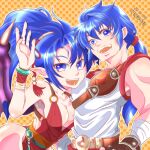  1boy 1girl blue_hair breasts breath_of_fire breath_of_fire_ii brother_and_sister cleavage dated dragon_girl dragon_wings green_eyes hair_ribbon hanaba_komao highres long_hair looking_at_viewer monster_girl open_mouth patty_the_phantom_thief pointy_ears ponytail red_ribbon ribbon ryuu_(breath_of_fire_ii) siblings smile wings 
