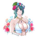  1girl bikini braid braided_ponytail breasts criss-cross_halter fire_emblem fire_emblem_heroes flower_wreath green_eyes green_hair halterneck large_breasts lips looking_at_viewer low_ponytail meziosaur official_alternate_costume parted_lips ponytail solo swimsuit tassel teeth thorr_(fire_emblem) thorr_(summer)_(fire_emblem) upper_body v-shaped_eyebrows watermark white_background white_bikini 