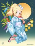  1girl alolan_vulpix alternate_costume black_footwear blonde_hair blunt_bangs blush character_print commentary_request eyelashes floral_print from_side full_body green_eyes highres holding holding_paddle japanese_clothes kimono kinocopro lillie_(pokemon) long_hair open_mouth paddle pikachu pokemon pokemon_(game) pokemon_sm ponytail sandals sash smile solo twitter_username watermark white_sash wide_sleeves wristband yukata 