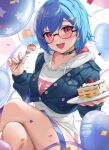  1girl :d absurdres balloon black_choker blue_hair blue_nails blue_vest blush cake cake_slice choker commentary_request crossed_legs dolphin_hair_ornament drawstring ear_piercing food fork fruit glasses hands_up highres holding holding_fork holding_plate hood hooded_shirt hoodie kaguya_(srx61800) long_sleeves looking_at_viewer nijisanji nishizono_chigusa open_mouth piercing plate red_eyes round_eyewear short_hair sitting smile solo strawberry vest virtual_youtuber white_hoodie 