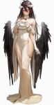  1girl ahoge albedo_(overlord) bare_shoulders black_feathers black_hair black_wings breasts cleavage demon_girl demon_horns demon_wings dfm_(darknessdfm) dress feathered_wings feathers gloves hair_between_eyes highres horns large_breasts long_hair looking_at_viewer low_horns low_wings off-shoulder_dress off_shoulder overlord_(maruyama) slit_pupils smile solo white_background white_dress white_gloves wings yellow_eyes 
