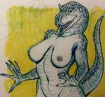  5_fingers anthro biped breasts claws dinosaur fangs female fingers hi_res justcartilage navel nipples non-mammal_breasts non-mammal_nipples nude raised_tail reptile scales scalie solo tail teeth 