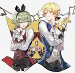  3boys 3girls ascot black_bow black_hairband black_shorts bow bowtie candle_no_kaori_wa_omoide_to_tomo_ni_(project_sekai) crossed_arms green_hair hairband kagamine_len kagamine_rin kamishiro_rui kusanagi_nene long_sleeves looking_at_another multiple_boys multiple_girls okochama_sensou_(vocaloid) ootori_emu project_sekai pyongtaro red_vest scramble_fan_festa!_(project_sekai) shirt shorts simple_background tenma_tsukasa vest vocaloid white_ascot white_background white_bow white_bowtie white_shirt wonderlands_x_showtime_(project_sekai) 