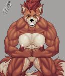  abs absurd_res amber_eyes anthro breasts clitoris erect_clitoris exposed_breasts female flexing genitals hi_res mammal maxi_(demondawgy96) muscular muscular_female nipple_piercing nipples piercing procyonid raccoon smile smiling_at_viewer solo vein weslly34 