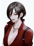  1girl ada_wong black_hair breasts brown_eyes cleavage grey_background hair_between_eyes highres jewelry lips looking_at_viewer medium_breasts necklace nose red_shirt resident_evil resident_evil_4 resident_evil_4_(remake) shirt short_hair simple_background solo upper_body wuliu_heihuo 