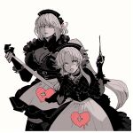  2girls apron bandages black_capelet black_dress black_flower black_gloves black_rose breasts capelet cleavage cross dress fate/grand_order fate_(series) florence_nightingale_(fate) florence_nightingale_(manor_of_repose)_(fate) flower gloves hat heart heart_print holding holding_bandages holding_scissors jewelry locket long_hair long_sleeves looking_at_viewer medea_(lily)_(fate) medea_(lily)_(manor_of_repose)_(fate) multiple_girls nobicco nurse nurse_cap official_alternate_costume partially_colored pendant pink_eyes pointy_ears ponytail rose scissors simple_background smile upper_body very_long_hair waist_apron white_apron white_background 