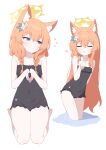  1girl absurdres animal_ears bare_arms bare_legs bare_shoulders barefoot blue_archive blue_eyes closed_eyes fox_ears hagoonha halo highres long_hair looking_at_viewer mari_(blue_archive) orange_hair simple_background solo thighs white_background 