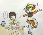  1boy 1girl :d belt bird_girl bird_tail black_shirt blonde_hair blush book bow breasts captain_(kemono_friends) clock dancing greater_bird-of-paradise_(kemono_friends) happy head_wings kemono_friends kemono_friends_3 long_hair midriff multicolored_hair navel open_mouth red_shirt shirt simple_background skirt sleepy smile table tail thighhighs tied_shirt tobinosuke12 white_background white_thighhighs wings yellow_eyes 