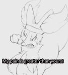  2023 angry anonymous_artist anthro breasts delphox derp_eyes dialogue english_text fangs female fingers fist fluffy fur generation_6_pokemon grimace long_nose looking_at_viewer mammal meme monochrome naruto nintendo nipples nude open_mouth parody pokemon pokemon_(species) raised_arm raised_fist reaction_image simple_background snout solo standing talking_to_viewer teeth text tuft what 