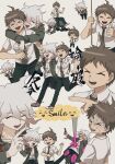  2boys :d ahoge black_pants blood brown_footwear brown_hair closed_eyes danganronpa_(series) danganronpa_2:_goodbye_despair gag green_jacket green_necktie grey_hair happy highres hinata_hajime holding hug hug_from_behind impaled improvised_gag jacket komaeda_nagito multiple_boys necktie open_clothes open_jacket open_mouth pants pink_blood print_shirt rope shirase_(shirase1638) shirt shoes short_hair sitting sitting_on_person smile spoilers sweat tape tape_gag teeth thumbs_up translation_request white_footwear white_shirt 