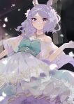  1girl absurdres alternate_hairstyle bana_(stand_flower) blush closed_mouth dress embarrassed flat_chest flower frilled_dress frills gloves green_dress highres holding holding_flower layered_dress long_hair looking_at_viewer mejiro_mcqueen_(umamusume) off-shoulder_dress off_shoulder pearl_hair_ornament purple_hair sash see-through see-through_sleeves short_sleeves solo swept_bangs umamusume underbust wavy_hair white_dress white_gloves 