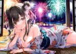  1girl absurdres aerial_fireworks bare_shoulders black_hair blurry blurry_background blush breasts cleavage closed_mouth collarbone commentary_request depth_of_field double_bun fireworks floral_print flower fujima_takuya hair_between_eyes hair_bun hair_flower hair_ornament highres japanese_clothes kimono long_hair long_sleeves looking_at_viewer lying medium_breasts night night_sky non-web_source obi off_shoulder on_stomach original print_kimono red_eyes sash sky solo twitter_username water white_flower white_kimono wide_sleeves yukata 