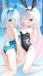  2girls a.r.o.n.a_(blue_archive) absurdres alternate_costume animal_ears arona_(blue_archive) ass bare_legs black_choker black_eyes black_leotard blue_archive blue_eyes blue_hair blue_leotard blue_pupils blush braid breasts choker closed_mouth collarbone colored_inner_hair commentary_request fake_animal_ears fake_tail feet_out_of_frame hair_over_one_eye hairband halo hand_on_own_ass hand_on_own_chest hand_up highres kneeling leotard light_blue_hair long_hair looking_at_viewer multicolored_hair multiple_girls nitoron open_mouth pink_pupils playboy_bunny purple_halo rabbit_ears rabbit_tail red_halo short_hair side_braid single_braid sleeveless small_breasts strapless strapless_leotard tail two-tone_hair very_long_hair white_choker white_hair 