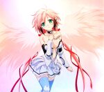  1girl angel_wings bare_shoulders black_hair blush breasts chain cleavage collar collarbone commentary_request feathered_wings gradient_hair green_eyes hair_ornament hair_ribbon highres ikaros large_breasts long_hair looking_at_viewer midriff multicolored_hair navel open_mouth pink_hair ribbon robot_ears simple_background solo sora_no_otoshimono thighhighs twintails two-tone_hair watanabe_yoshihiro wings zettai_ryouiki 