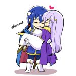  1boy 1girl blue_cape blue_hair brother_and_sister cape carrying circlet closed_eyes dress fire_emblem fire_emblem:_genealogy_of_the_holy_war headband julia_(fire_emblem) long_hair ponytail princess_carry purple_cape purple_hair seliph_(fire_emblem) siblings simple_background white_headband yukia_(firstaid0) 