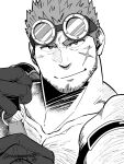  1boy arm_belt bara beard chest_hair crave_saga cross_scar facial_hair giganto_(crave_saga) gloves goggles goggles_on_head hairy highres male_focus masapeko mature_male muscular muscular_male overalls pectoral_cleavage pectorals portrait scar scar_on_cheek scar_on_face smirk solo spiked_hair stubble thick_eyebrows undressing 