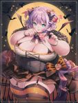  1girl absurdres bat_(animal) blue_eyes border breasts candy character_request cleavage copyright_request cowboy_shot dot_nose fat food hair_between_eyes highres horns large_breasts lollipop looking_at_viewer moon purple_hair solo striped striped_thighhighs thick_arms thick_thighs thighhighs thighs 