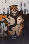  2023 abs absurd_res anthro armpit_hair belt biceps black_body black_fur black_stripes body_hair bottomwear clothing digital_media_(artwork) dreff epic_games eyebrows felid fortnite fur happy_trail hi_res male mammal muscular muscular_anthro muscular_male necktie nipples orange_body orange_fur pantherine pants pecs solo striped_body striped_fur stripes tail tan_body tan_fur tiger unnamed_character 