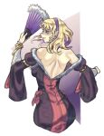  1girl ass bare_back bare_shoulders blonde_hair bracelet breasts commentary commission constance_von_nuvelle dress drill_hair drill_sidelocks earrings fire_emblem fire_emblem:_three_houses fire_emblem_warriors:_three_hopes folding_fan from_behind fur-trimmed_dress fur_trim grin hairband hand_fan highres holding holding_fan jewelry juicet1n long_sleeves looking_at_viewer looking_back median_furrow medium_breasts medium_hair off-shoulder_dress off_shoulder official_alternate_costume official_alternate_hairstyle purple_hairband sidelocks smile solo 