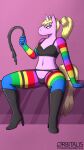  adventure_time anthro black_bra black_clothing black_footwear black_high_heels black_panties black_underwear blonde_hair boots bra cartoon_network clothed clothing female footwear glass hair hi_res high_heeled_boots high_heels holding_object horn lady_rainicorn looking_at_viewer multicolored_arms multicolored_body multicolored_legs navel orbitalis panties partially_clothed pink_background ponytail pupils simple_background sitting smile solo spread_legs spreading tail text underwear url whip white_pupils yellow_tail 