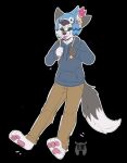 2019 anthro black_background black_nose blep bottomwear canid canine clothed clothing fleurfurr fox fur grey_body grey_ears grey_fur grey_tail hair hat headgear headwear hi_res hoodie mammal monotone_ears monotone_hair multicolored_body multicolored_fur pants pawpads pink_pawpads simple_background tail tongue tongue_out topwear two_tone_body two_tone_fur two_tone_tail watermark white_body white_fur white_hair white_tail 