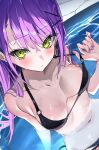 1girl absurdres adjusting_clothes adjusting_swimsuit bare_shoulders bikini black_bikini blush breasts closed_mouth dutch_angle green_eyes hair_ornament hairclip highres hololive long_hair looking_at_viewer medium_breasts midriff navel osechi_(pixiv56606477) partially_submerged purple_hair purple_nails solo swimsuit tokoyami_towa upper_body 