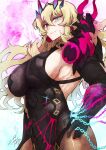  1girl black_dress blonde_hair blue_eyes breasts chain covered_navel dated dress earrings fairy_knight_gawain_(fate) fairy_knight_gawain_(second_ascension)_(fate) fate/grand_order fate_(series) gauntlets heterochromia highres jewelry large_breasts long_hair red_eyes sakurai_haruto signature sleeveless sleeveless_dress smile 
