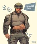 1boy absurdres artist_name bara beard belt call_of_duty call_of_duty:_modern_warfare_2 camouflage camouflage_pants captain_price clothes_lift english_text facial_hair green_belt grey_pants grey_shirt hat helbai highres large_pectorals looking_at_viewer male_focus muscular muscular_male navel pants pectorals shirt shirt_lift solo 
