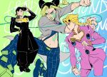  1girl 2boys arrow_(jojo) black_hair blonde_hair braid cleavage_cutout clothing_cutout cone_hair_bun crop_top curly_hair diamond_wa_kudakenai double_bun fighting_stance gakuran giorno_giovanna green_eyes green_hair green_lips green_nails hair_bun hakmonss higashikata_josuke jacket jojo_no_kimyou_na_bouken kujo_jolyne ladybug_ornament ladybugs lipstick makeup midriff multicolored_hair multiple_boys petals pompadour puffy_pants school_uniform sparkle spider_web_print stone_free stone_ocean string two-tone_hair vento_aureo 