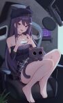  1girl :p animal_hat bare_shoulders barefoot black_choker black_headwear breasts can_zhu cat cat_hair_ornament cat_hat chair choker fangs gaming_chair grey_skirt hair_ornament hat heart heart_hands highres knees_up ksp_(vtuber) long_hair long_sleeves looking_at_viewer medium_breasts meridian_project microphone miniskirt monitor off-shoulder_shirt off_shoulder official_alternate_costume plaid plaid_skirt pop_filter purple_eyes purple_hair shirt sitting skirt solo strapless strapless_shirt swivel_chair toes tongue tongue_out twitch_logo very_long_hair virtual_youtuber zipper zipper_pull_tab 
