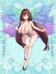  1girl black_footwear blue_background breasts brown_eyes brown_hair cow_print_bikini full_body kerberos_blade large_breasts leaning_forward long_hair low-tied_long_hair low_twintails solo standing twintails umekichi_(tw) wings 