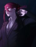  1girl black_background black_jacket collared_shirt gradient_background hair_between_eyes hand_up highres jacket kamato_il original parted_lips red_eyes red_hair shadow shirt solo upper_body white_shirt 