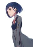  1girl black_dress blue_hair bob_cut breasts commentary darling_in_the_franxx dress dutch_angle expressionless from_side green_eyes grey_dress hair_between_eyes hair_ornament hairclip highres ichigo_(darling_in_the_franxx) long_sleeves looking_ahead military_uniform short_hair simple_background small_breasts solo swept_bangs ttc uniform upper_body v_arms white_background white_dress 