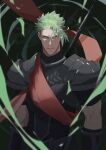  1boy absurdres achilles_(fate) armor arms_at_sides expressionless fate/apocrypha fate_(series) green_hair haruakira highres looking_at_viewer male_focus muscular muscular_male orange_eyes orange_sash ribbed_shirt shirt short_hair short_sleeves shoulder_armor solo straight-on undercut upper_body 