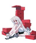  1girl absurdres arknights bare_arms black_shorts closed_mouth highres long_hair red_eyes shoe_box shoelaces shoes shorts sidelocks simple_background sitting skadi_(arknights) sneakers solo tank_top very_long_hair white_background white_footwear white_hair white_tank_top xity 