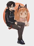  1boy 1girl animal_ears asuna_(sao) black_eyes black_hair black_hoodie black_pants cat_ears hair_ornament headpat highres hood hoodie kirito long_hair long_sleeves onori821 orange_eyes orange_hair pants pout shoes simple_background sitting sword_art_online 