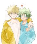  2boys alternate_costume bakugou_katsuki blonde_hair blue_hoodie blush boku_no_hero_academia bright_pupils brown_eyes commentary_request freckles frown green_eyes green_hair hair_between_eyes hand_on_another&#039;s_shoulder heart highres hkt26as hood hood_down hoodie jacket long_sleeves looking_at_viewer male_focus midoriya_izuku multiple_boys open_clothes open_jacket open_mouth shirt short_hair simple_background smile spiked_hair upper_body v white_background white_pupils white_shirt yellow_jacket 
