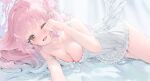 1girl angel_wings blue_archive blush breasts cleavage collarbone dress feathered_wings hair_bun halo large_breasts long_hair looking_at_viewer mika_(blue_archive) one_eye_closed open_mouth pink_hair pink_halo shaffelli single_side_bun smile solo white_dress white_wings wings yellow_eyes 
