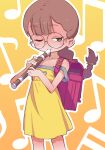  1girl backpack bag bare_shoulders blush_stickers brown_hair clothing_cutout commentary cowboy_shot dress flute glasses gradient_background heart_cutout highres holding_recorder instrument looking_at_viewer music musical_note musical_note_background one_eye_closed orange_background orenji_(wholesomeorenji) original playing_instrument randoseru recorder round_eyewear simple_background sleeveless sleeveless_dress solo standing strap_slip yellow_background yellow_dress 