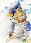  anthro armor avian bird blush canid canine clothing duo falco_lombardi fox fox_mccloud hand_on_shoulder headgear helmet hi_res male male/male mammal nintendo star_fox ulala_ko 