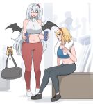  2girls alice_margatroid blonde_hair blue_eyes grey_hair gym hair_bobbles hair_ornament hairband highres leggings long_hair mata_(matasoup) midriff multiple_girls navel one_side_up red_hairband shanghai_doll shinki_(touhou) shoes short_hair side_ponytail sneakers sports_bra sportswear touhou wings 